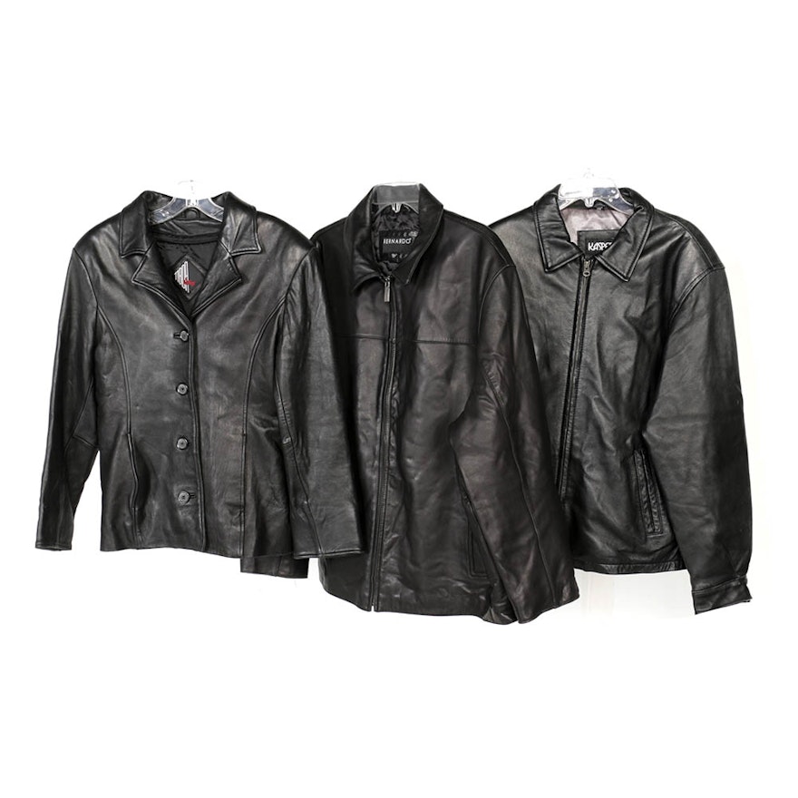 Men's and Women's Black Leather and Faux Leather Jackets Including Bernardo