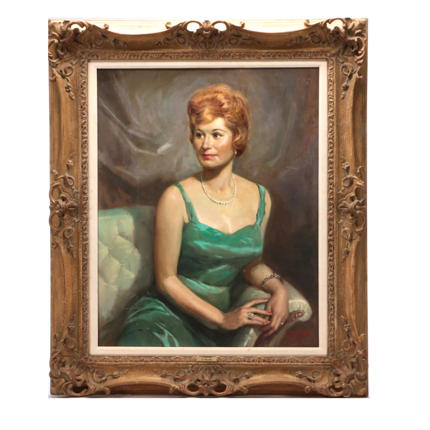 Lajos Markos Oil on Canvas Portrait Painting of Woman in Green Dress | EBTH Lajos Markos Oil on Canvas Portrait Painting of Woman in Green Dress | EBTH