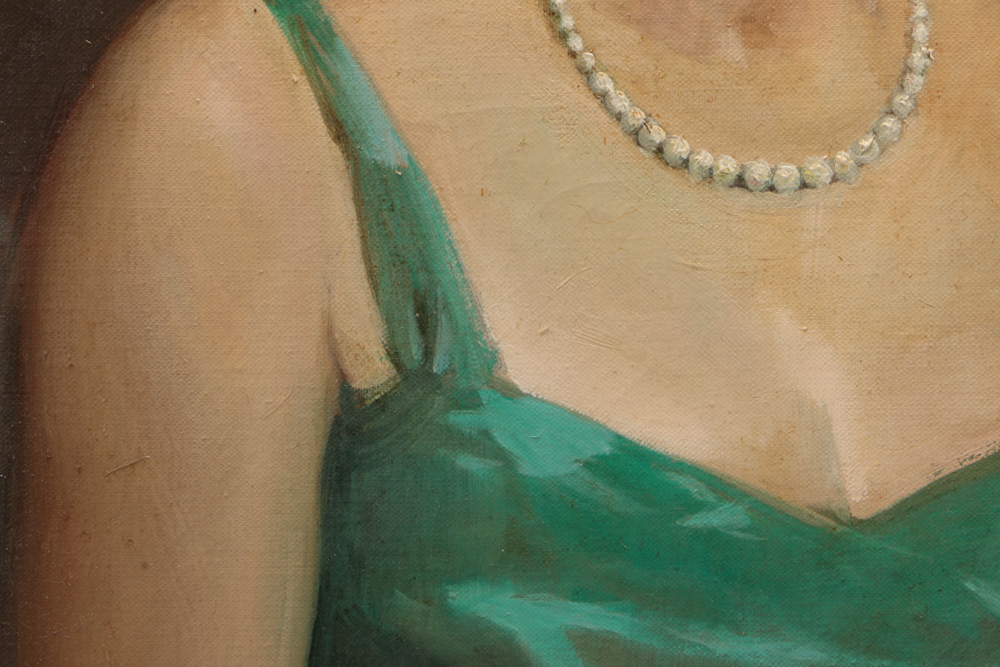 Lajos Markos Oil on Canvas Portrait Painting of Woman in Green Dress