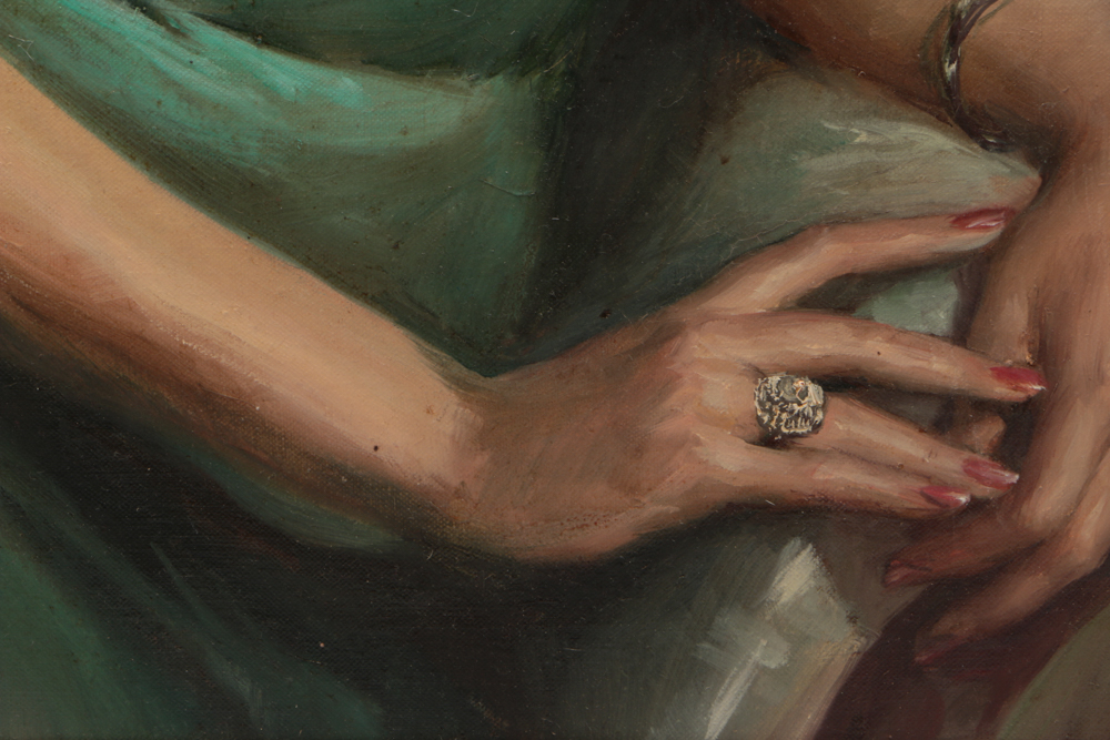 Lajos Markos Oil on Canvas Portrait Painting of Woman in Green Dress