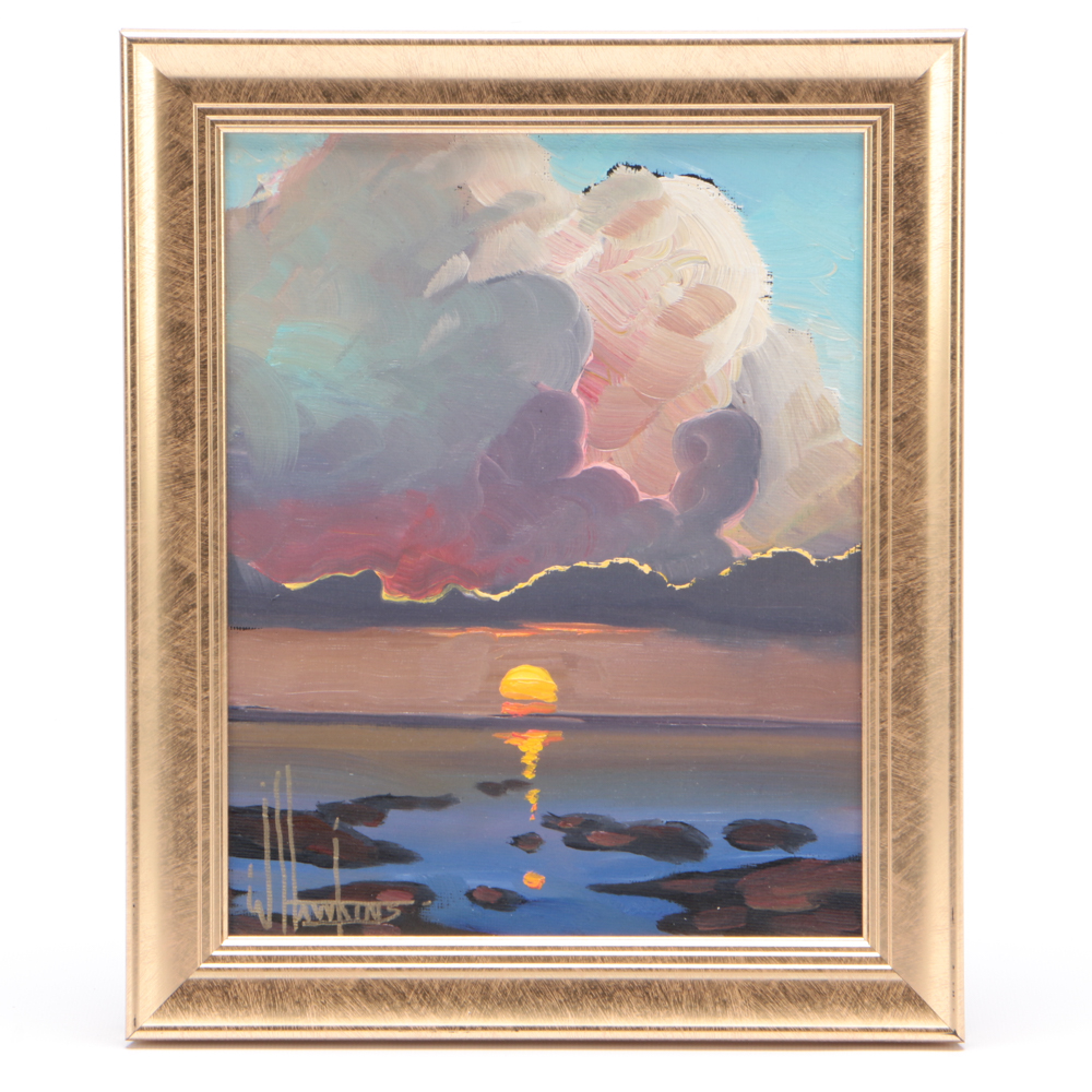 William Hawkins Oil Painting on Canvas Board of Sunset over Water