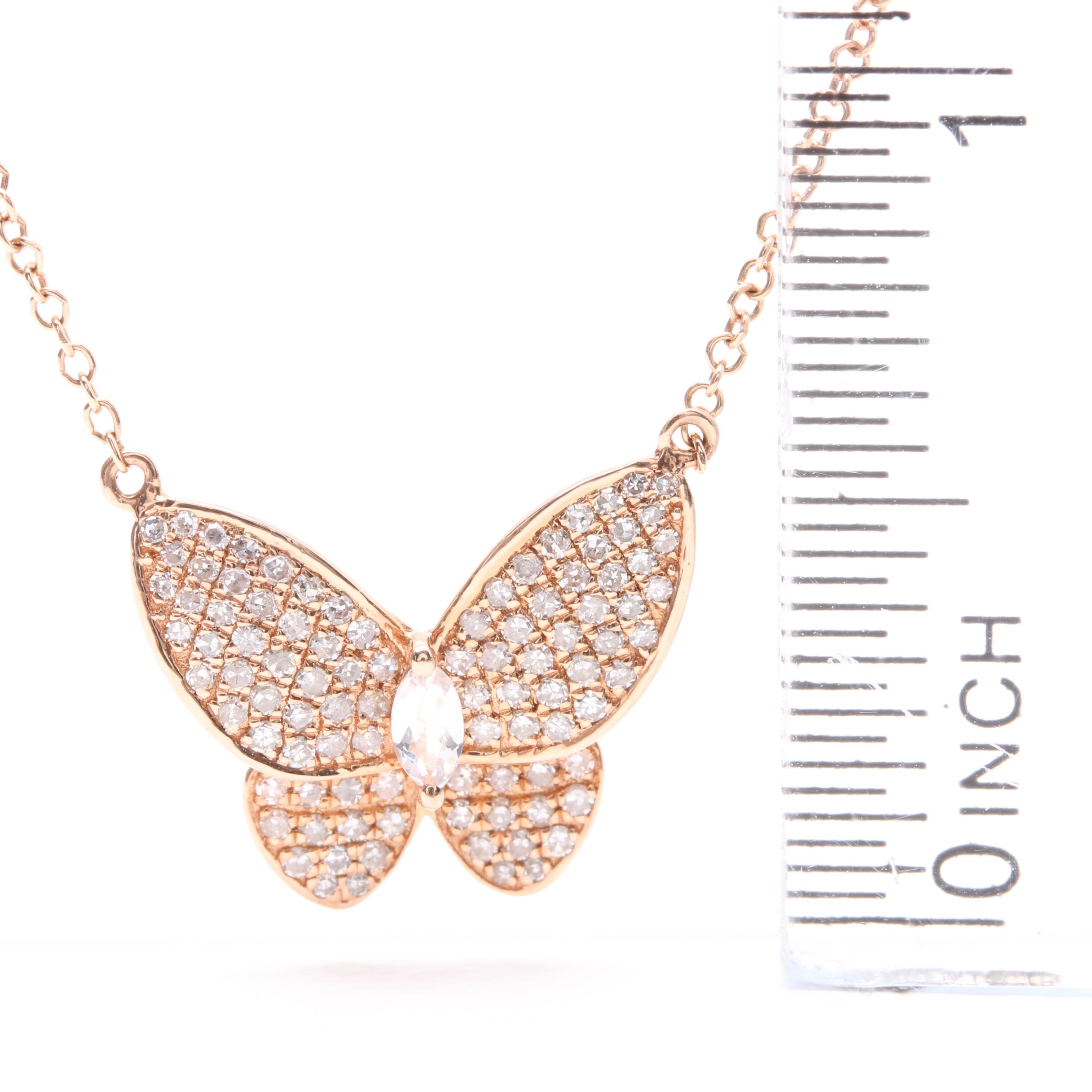 14K Rose Gold Aquamarine and Diamond Butterfly Necklace