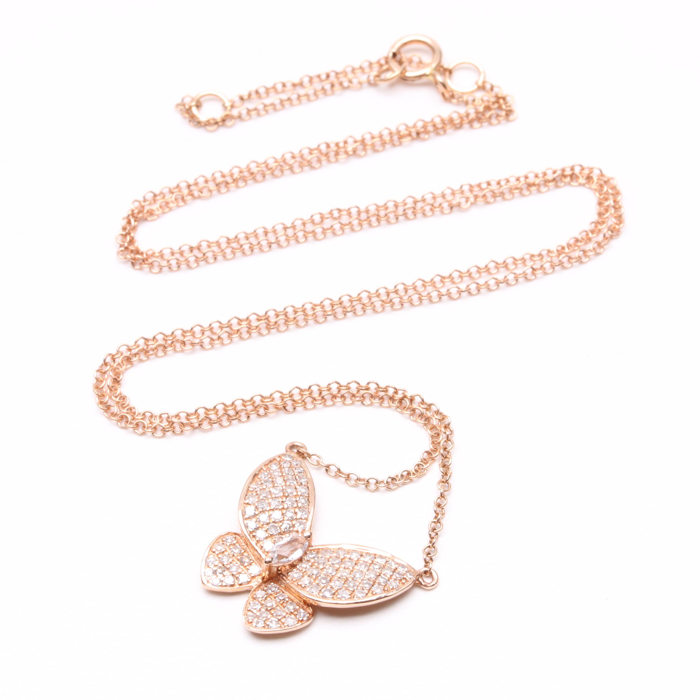 14K Rose Gold Aquamarine and Diamond Butterfly Necklace