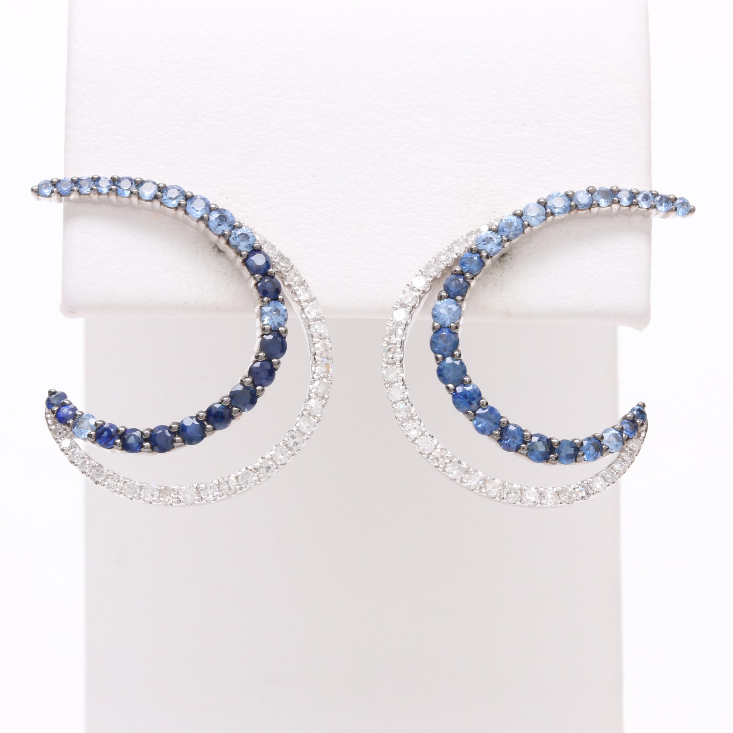 14K White Gold Blue Sapphire and Diamond Crescent Earrings