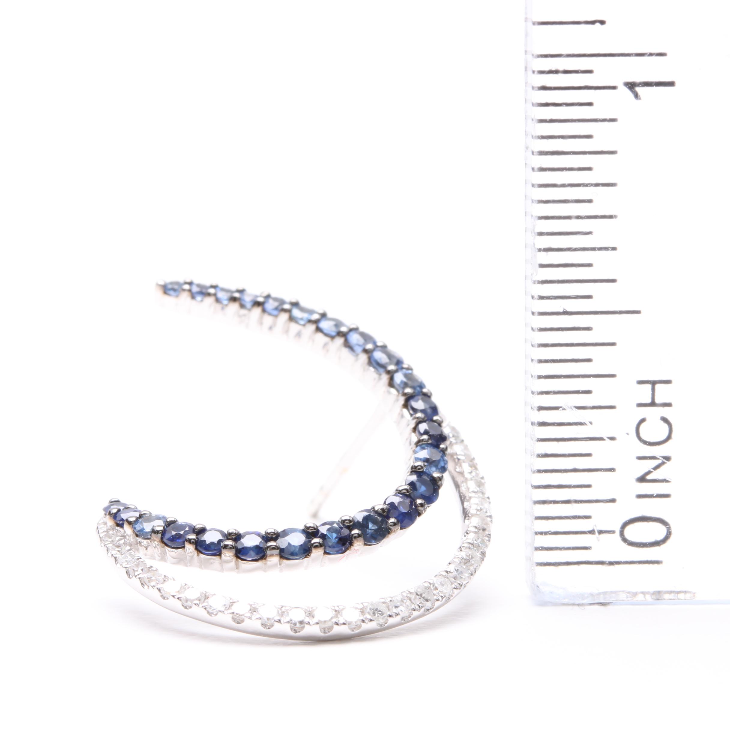 14K White Gold Blue Sapphire and Diamond Crescent Earrings
