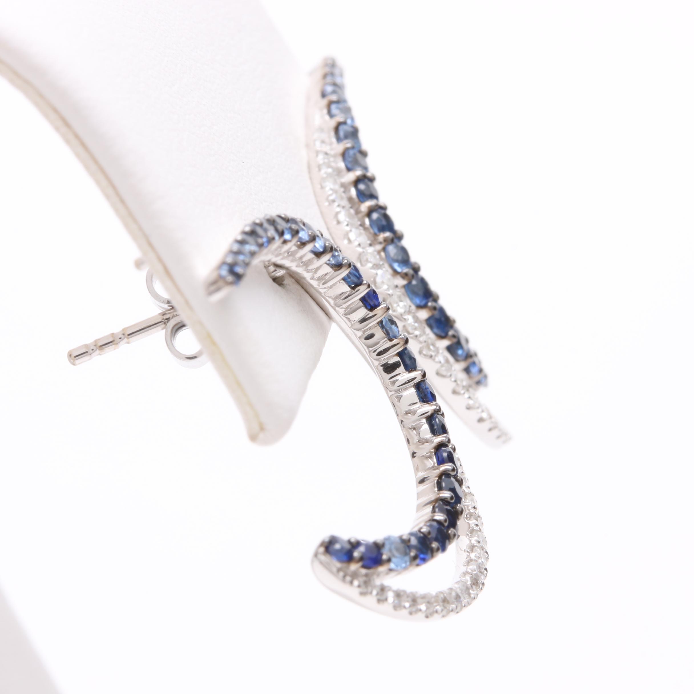 14K White Gold Blue Sapphire and Diamond Crescent Earrings