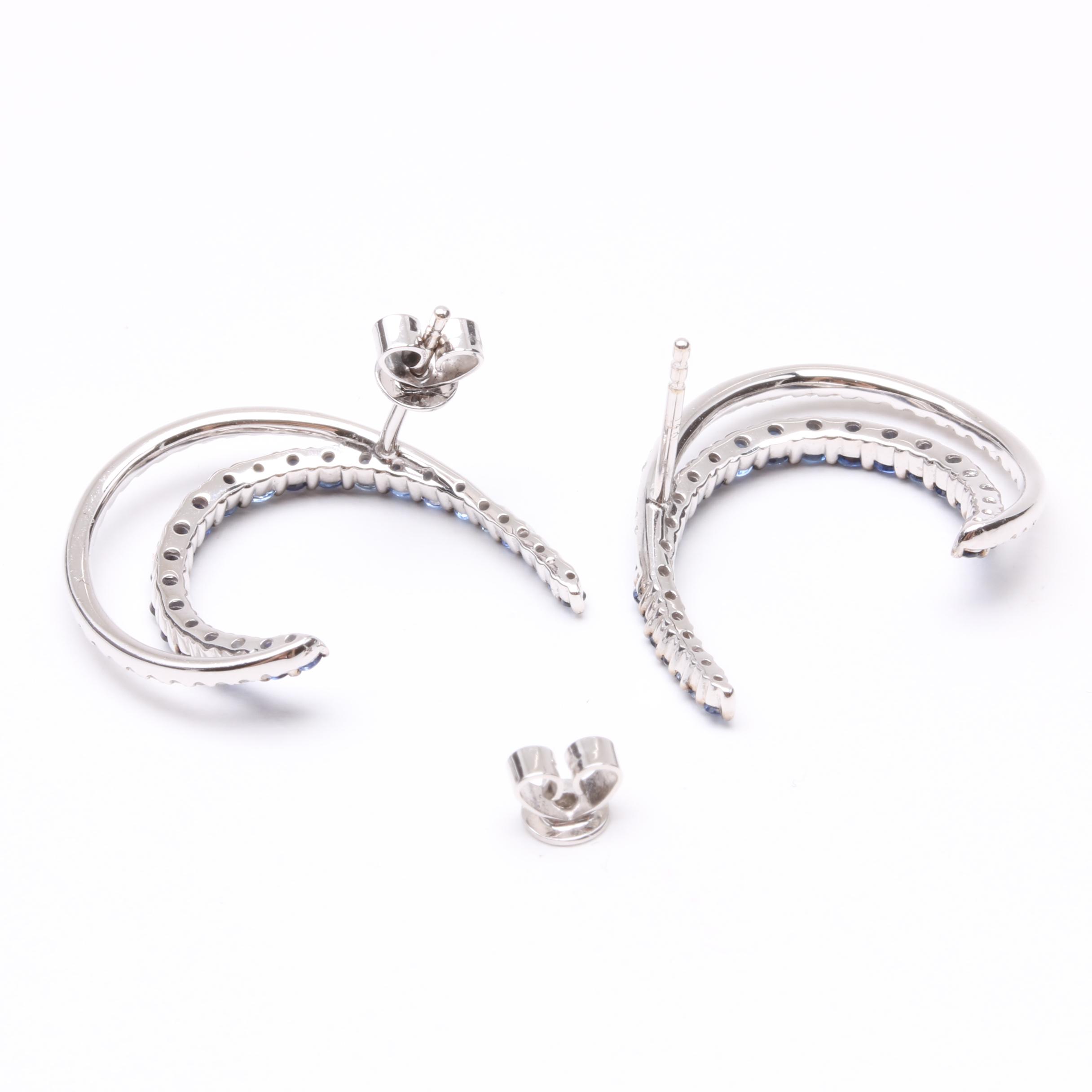 14K White Gold Blue Sapphire and Diamond Crescent Earrings