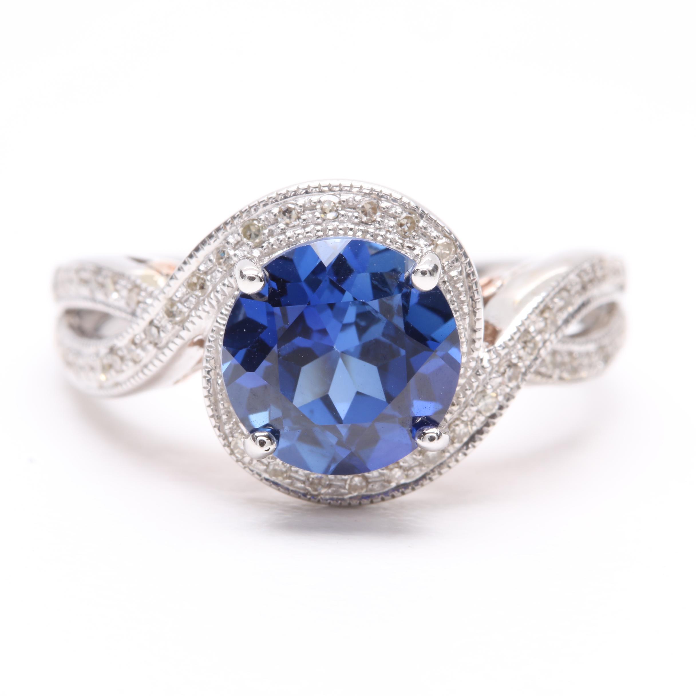 10K White Gold Blue Sapphire and Diamond Ring