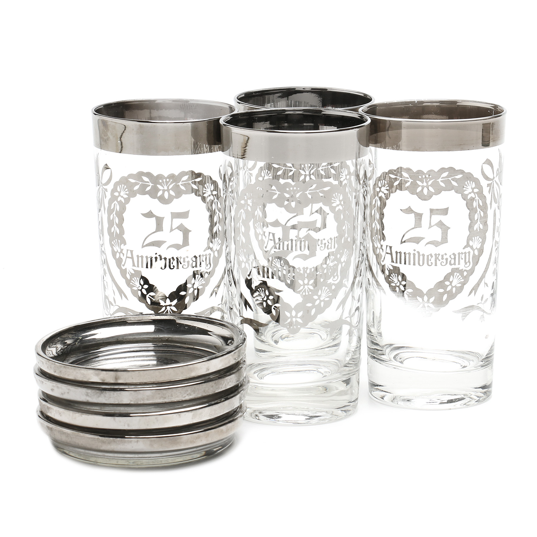 Mid Century 25th Anniversary Glasses and Coasters