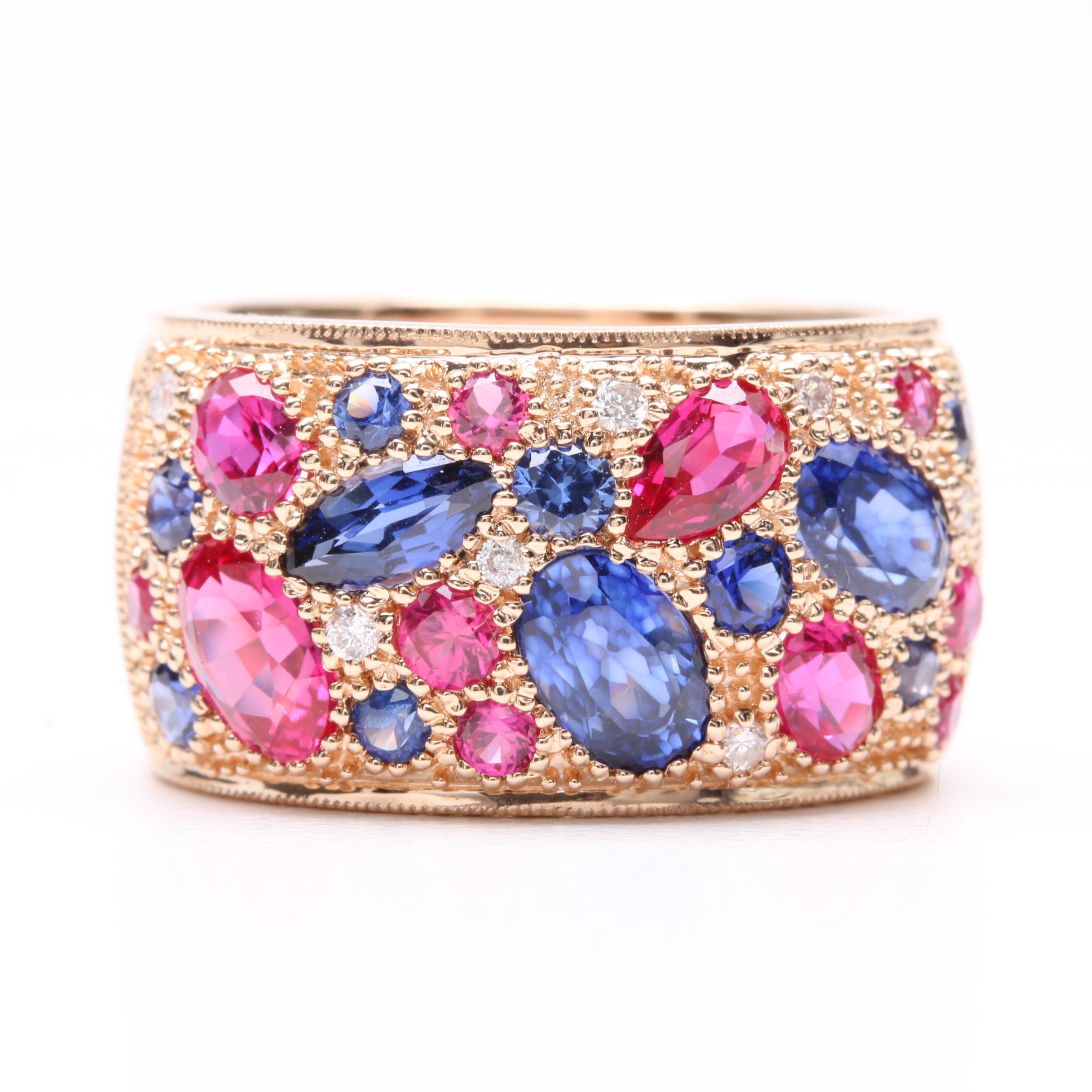14K Rose Gold Synthetic Ruby, Synthetic Sapphire and Diamond Ring