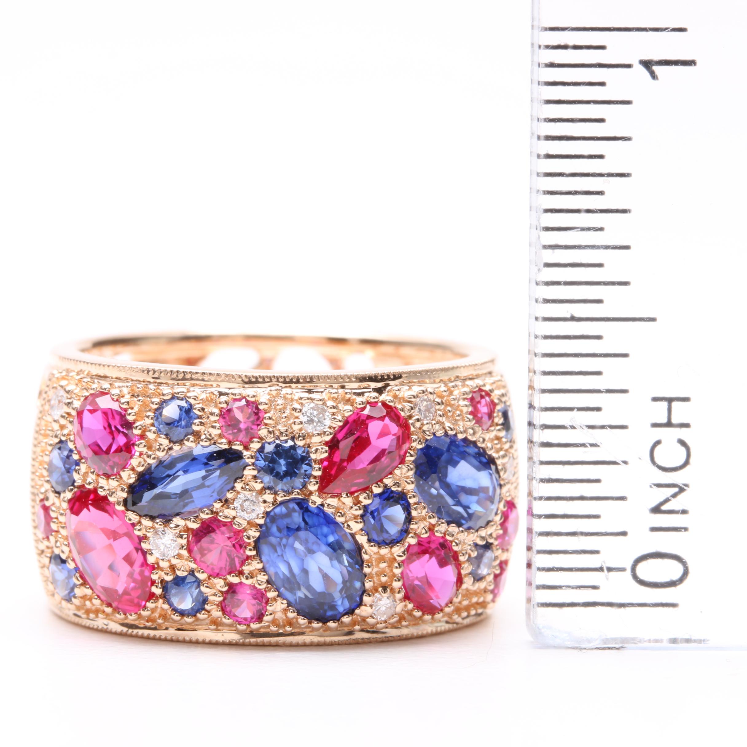 14K Rose Gold Synthetic Ruby, Synthetic Sapphire and Diamond Ring
