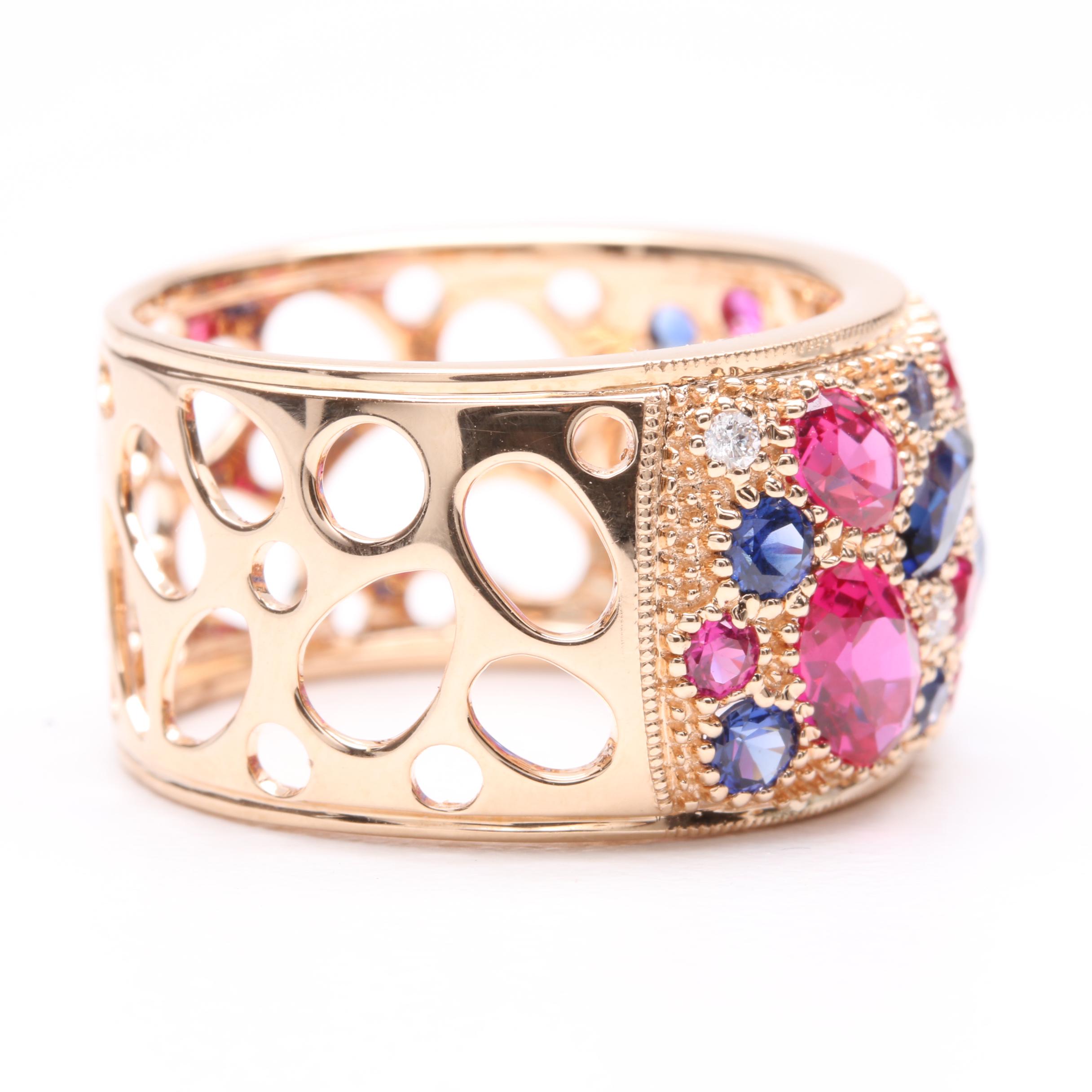 14K Rose Gold Synthetic Ruby, Synthetic Sapphire and Diamond Ring