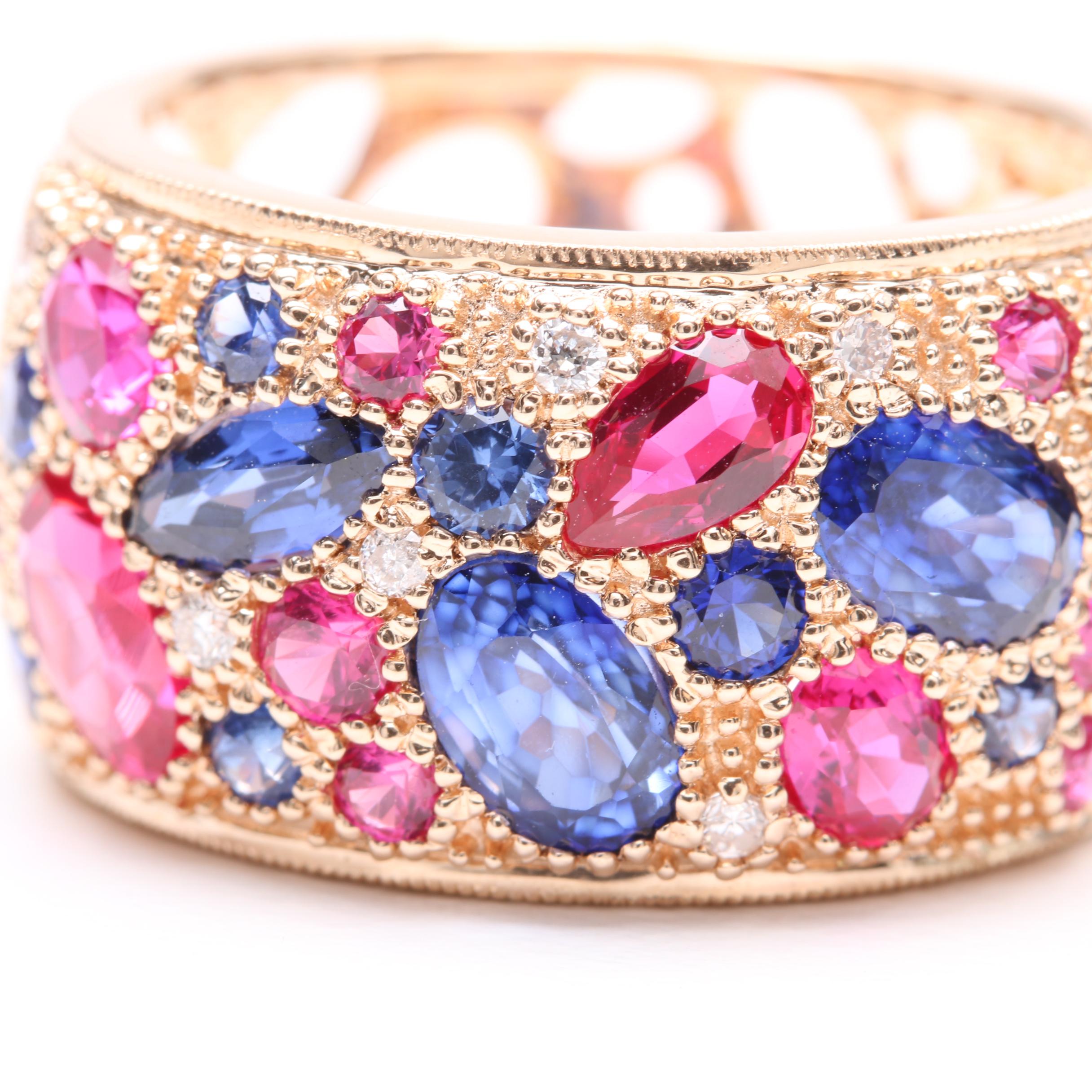 14K Rose Gold Synthetic Ruby, Synthetic Sapphire and Diamond Ring