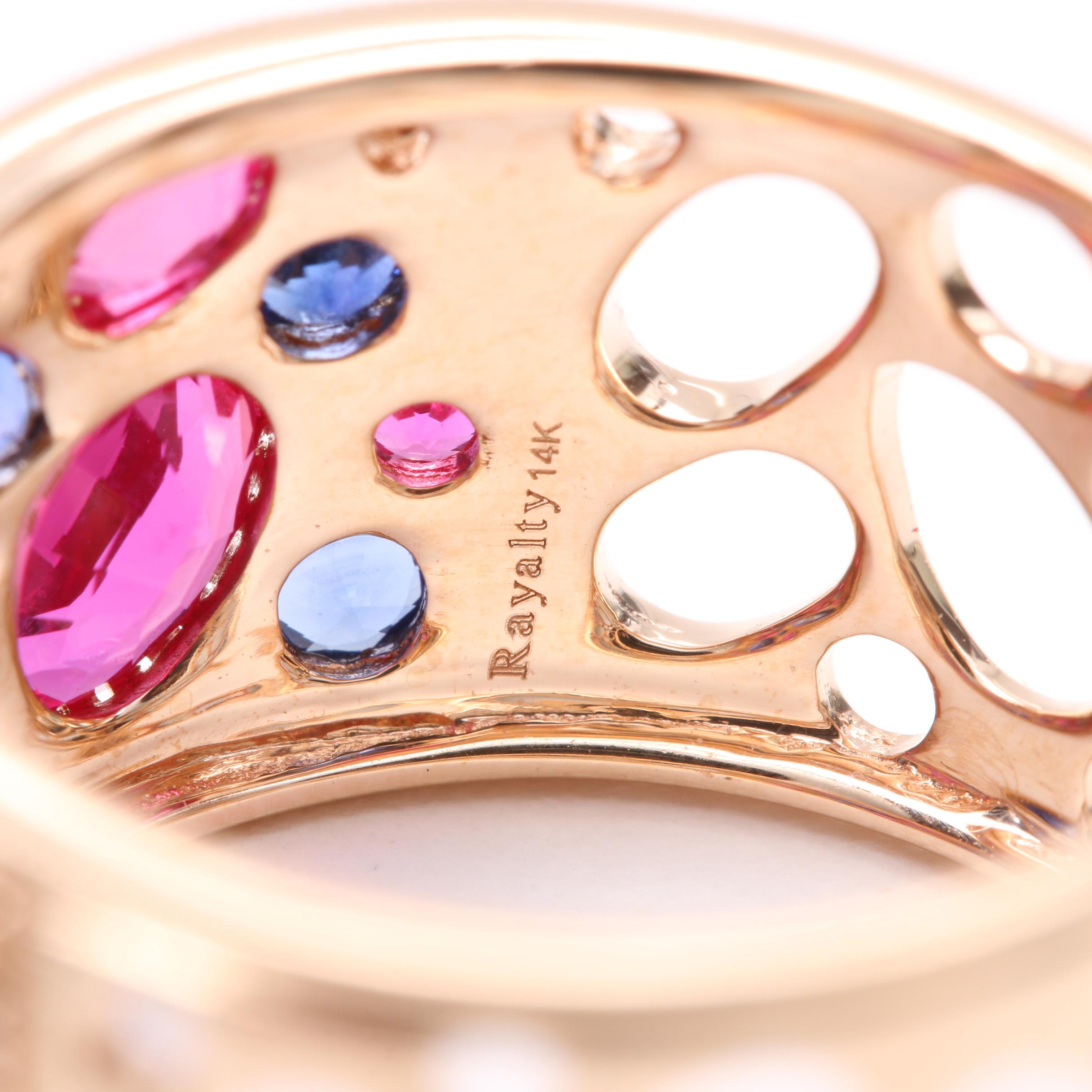 14K Rose Gold Synthetic Ruby, Synthetic Sapphire and Diamond Ring