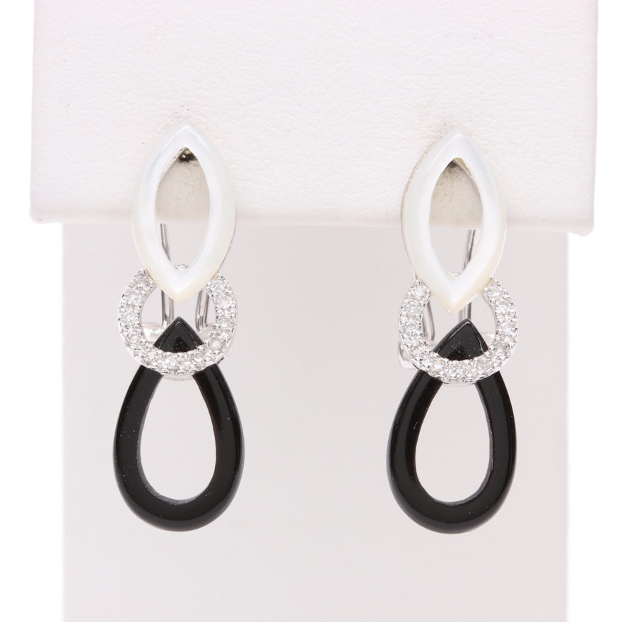 14K White Gold Mother of Pearl, Black Onyx and Diamond Earrings