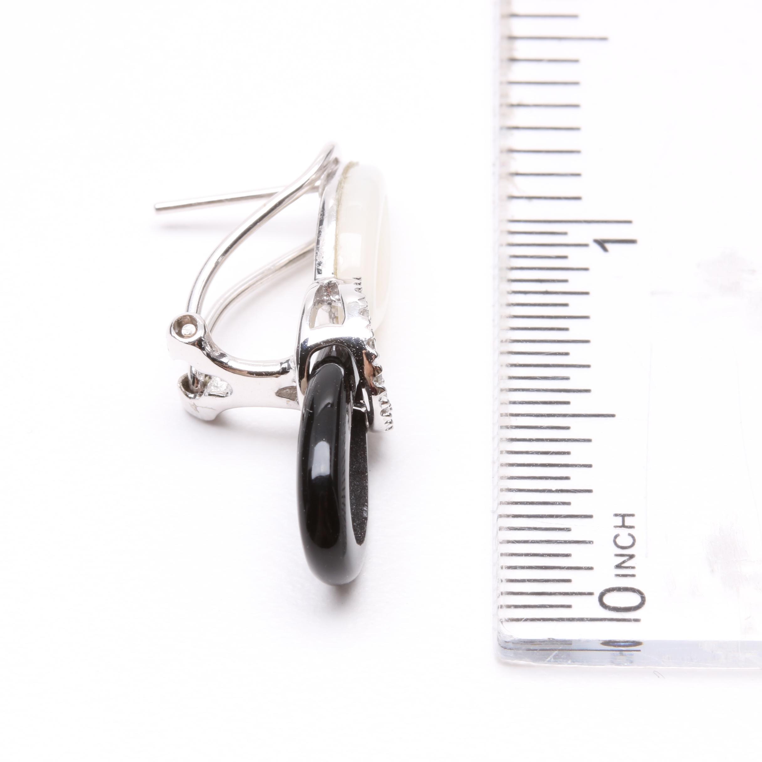 14K White Gold Mother of Pearl, Black Onyx and Diamond Earrings