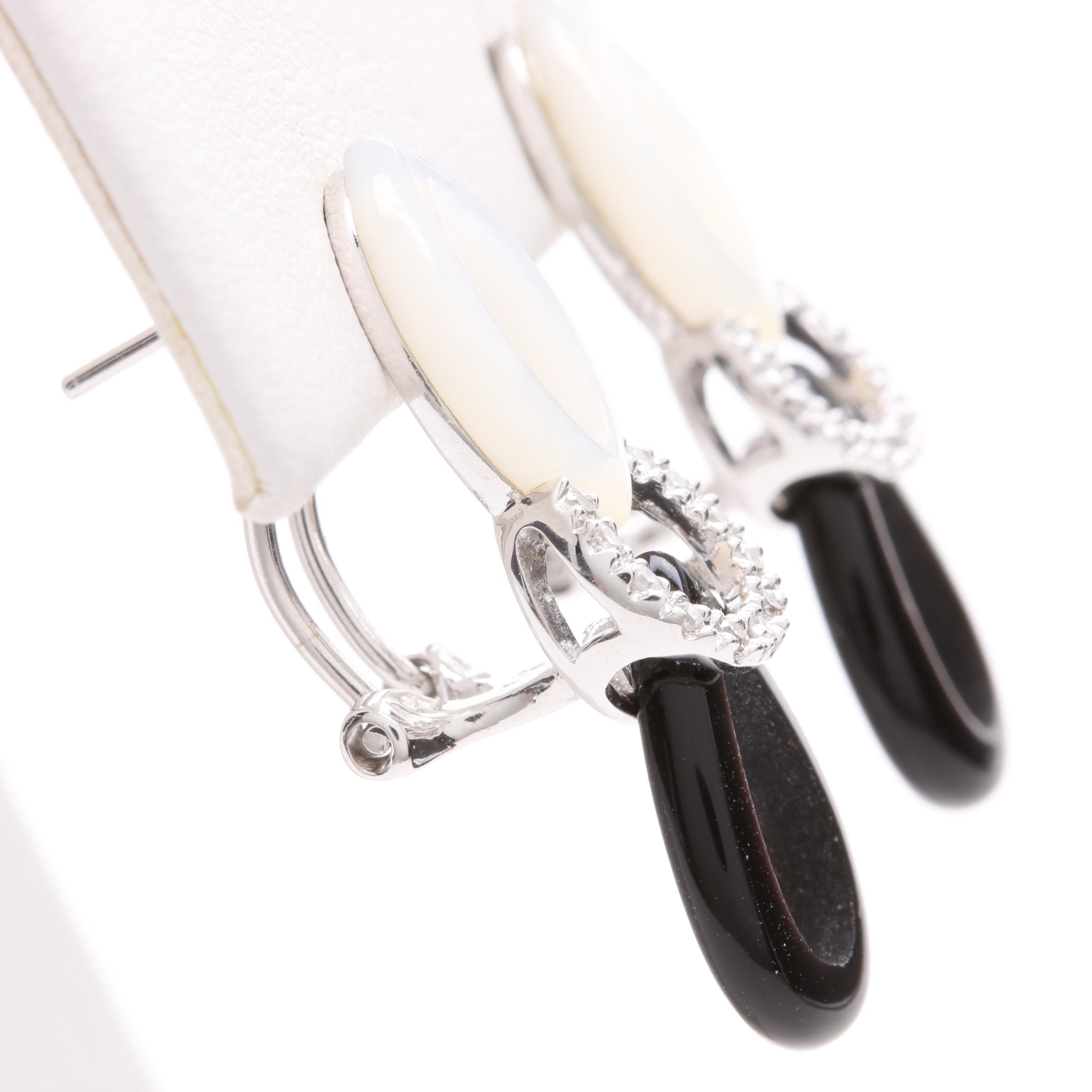 14K White Gold Mother of Pearl, Black Onyx and Diamond Earrings
