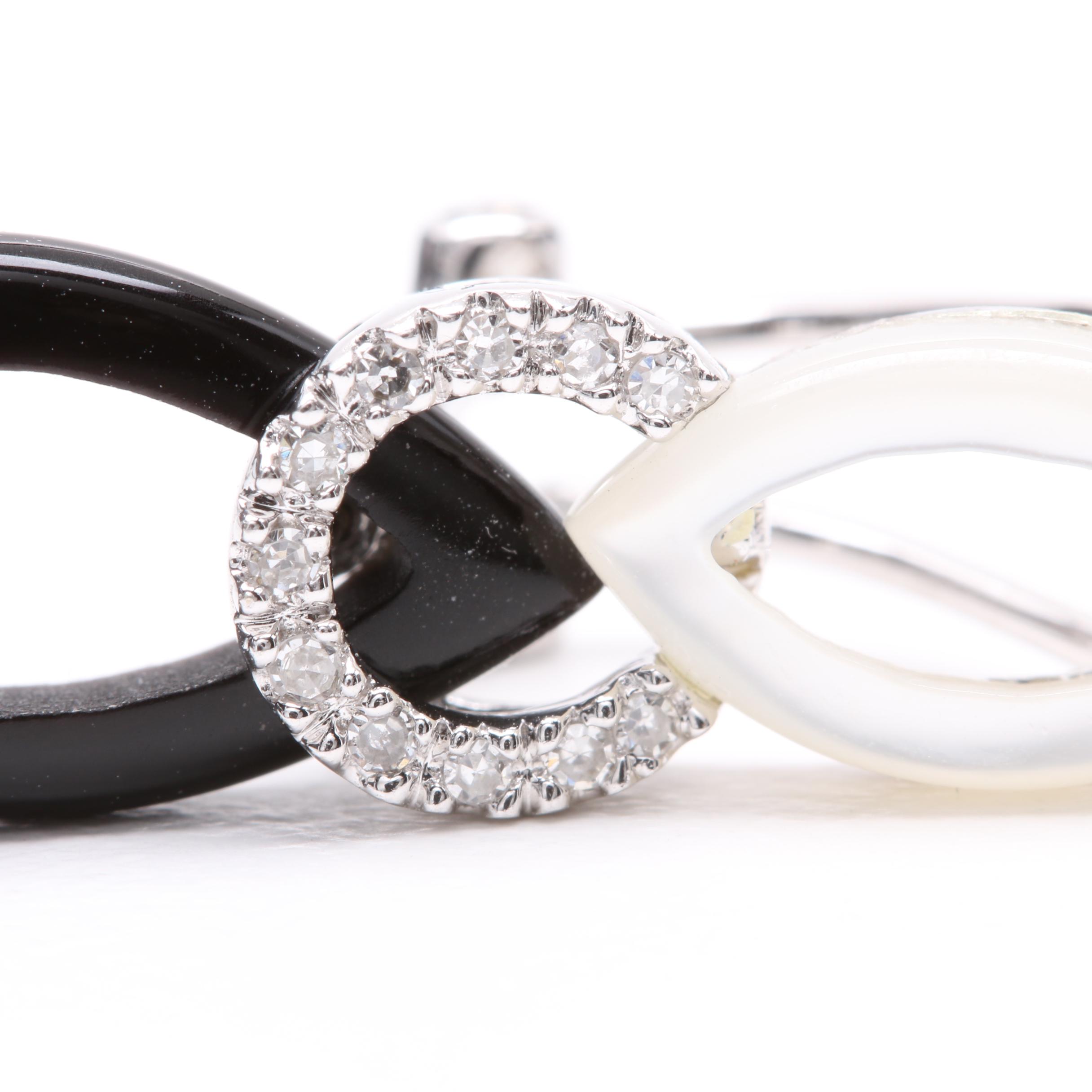 14K White Gold Mother of Pearl, Black Onyx and Diamond Earrings