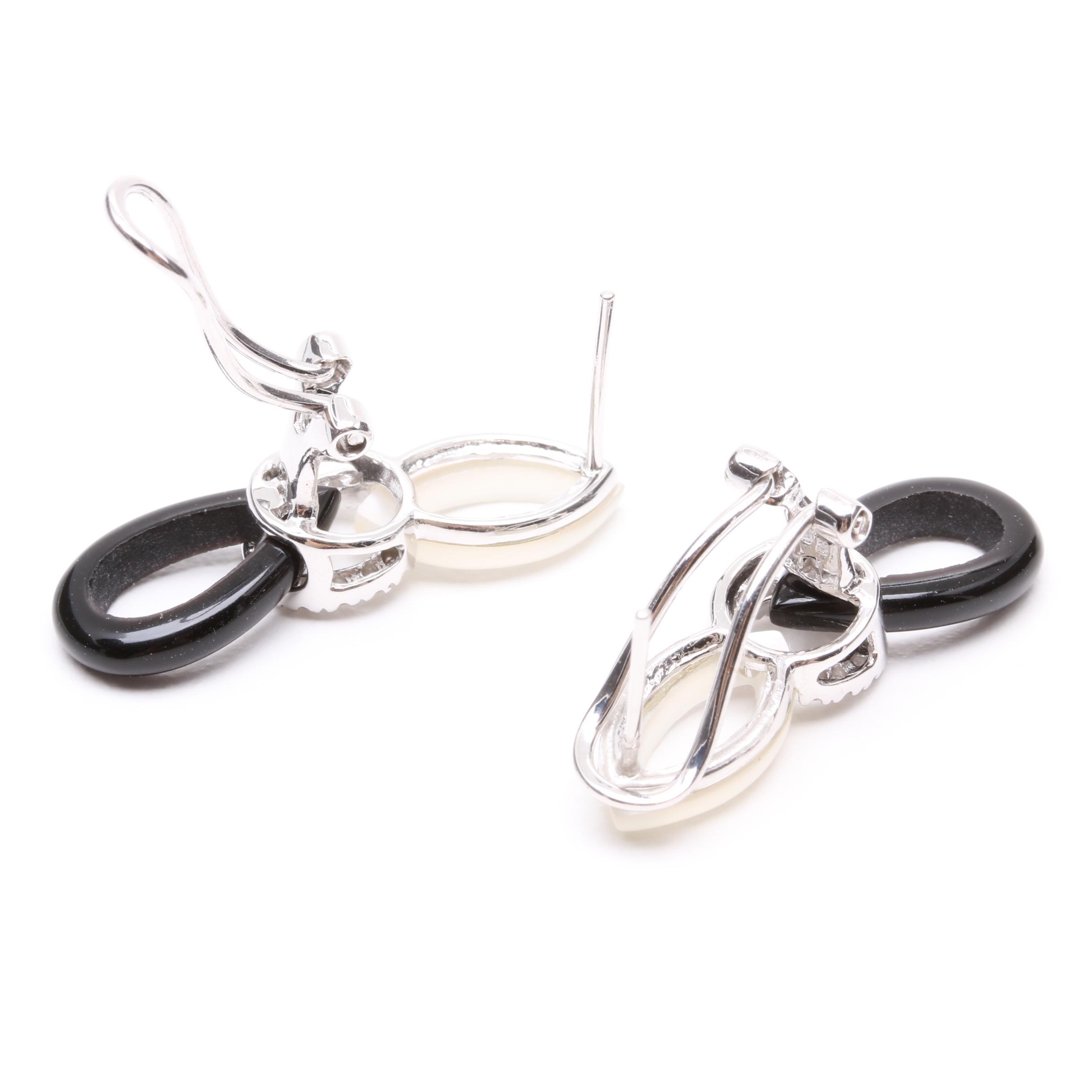 14K White Gold Mother of Pearl, Black Onyx and Diamond Earrings
