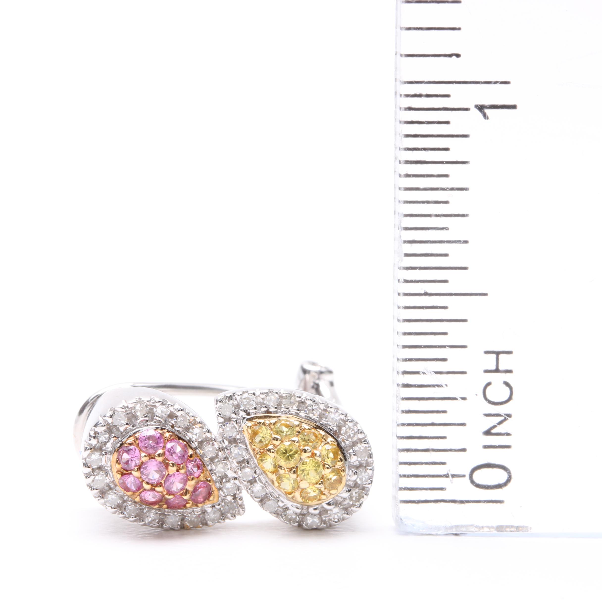14K White Gold Pink and Yellow Sapphire Earrings With Diamonds
