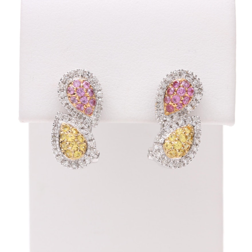 14K White Gold Pink and Yellow Sapphire Earrings With Diamonds