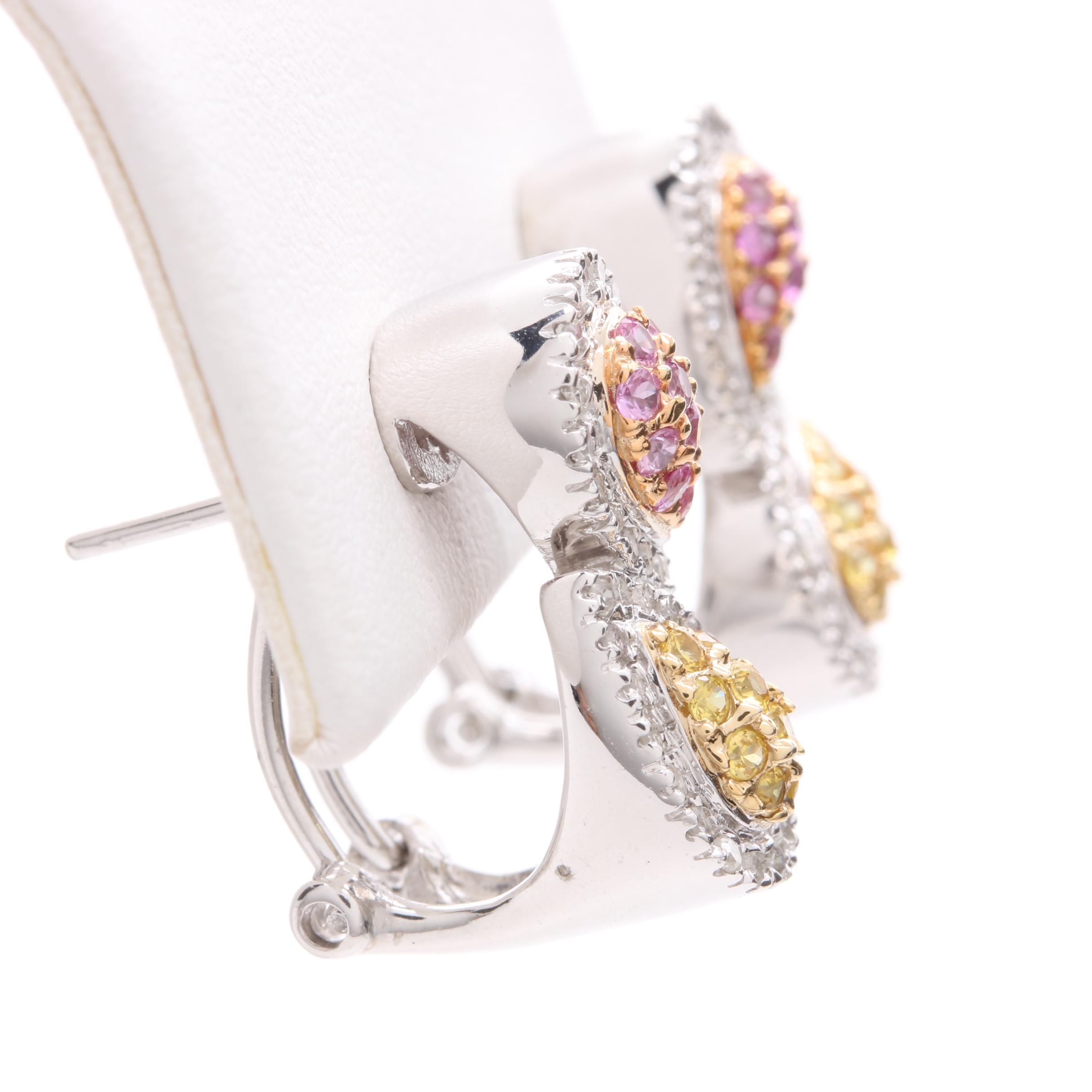 14K White Gold Pink and Yellow Sapphire Earrings With Diamonds