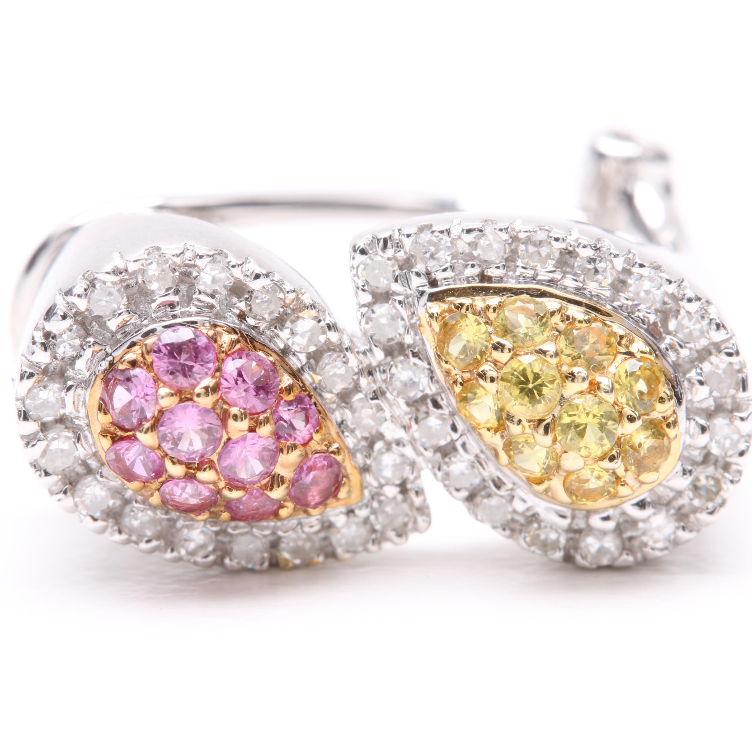14K White Gold Pink and Yellow Sapphire Earrings With Diamonds
