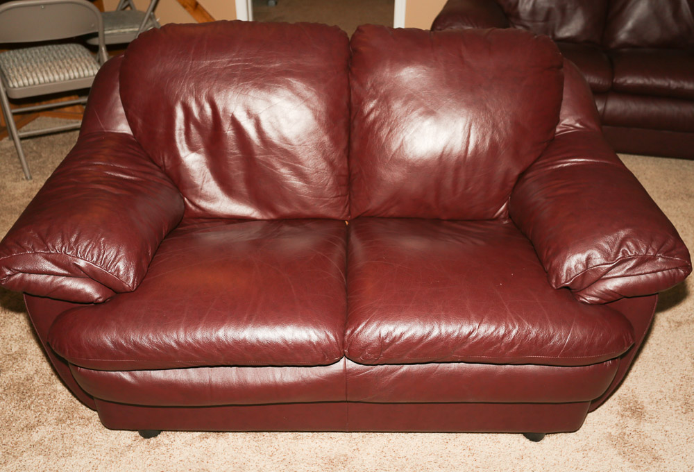 Burgundy Faux Leather Loveseat and Ottoman