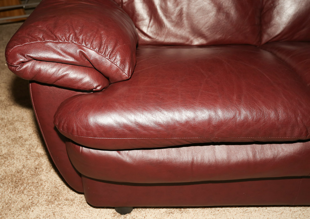 Burgundy Faux Leather Loveseat and Ottoman