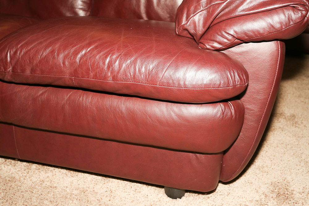 Burgundy Faux Leather Loveseat and Ottoman