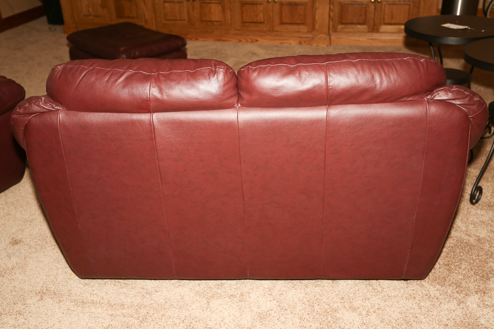 Burgundy Faux Leather Loveseat and Ottoman