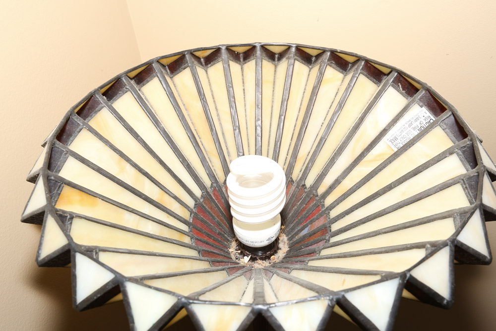 Torchiere Floor Lamp with Art Nouveau Style Pleated Stained Glass Globe