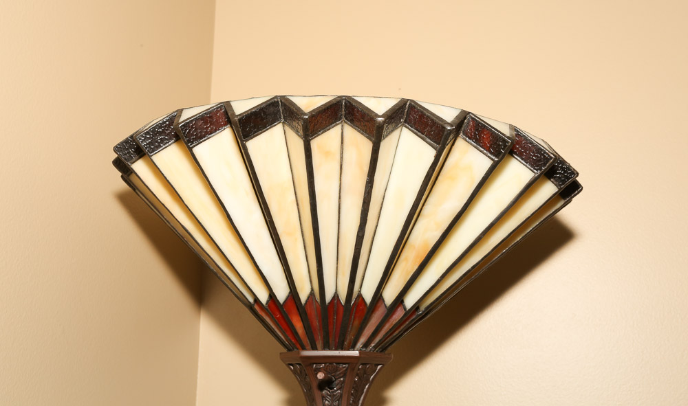 Torchiere Floor Lamp with Art Nouveau Style Pleated Stained Glass Globe