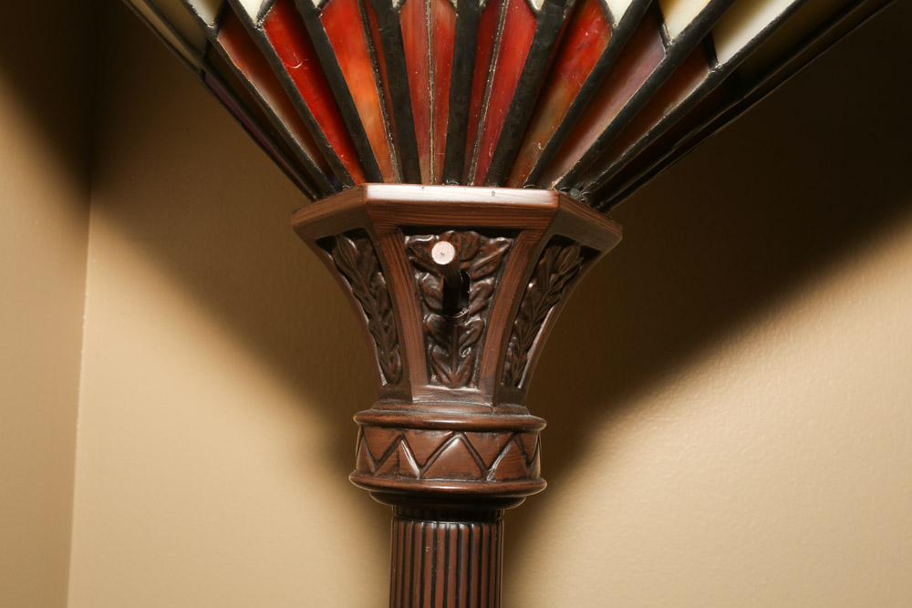 Torchiere Floor Lamp with Art Nouveau Style Pleated Stained Glass Globe