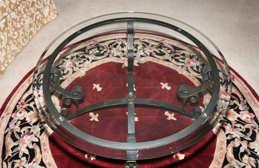 Neoclassical Style Glass Top Coffee Table with Metal Frame