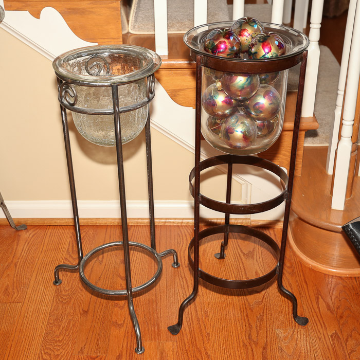 Metal Framed Glass Floor Planters with Christmas Bulb Ornaments