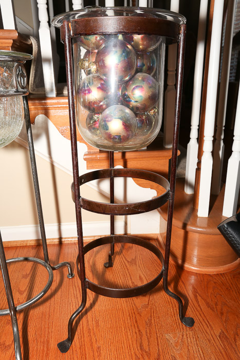 Metal Framed Glass Floor Planters with Christmas Bulb Ornaments