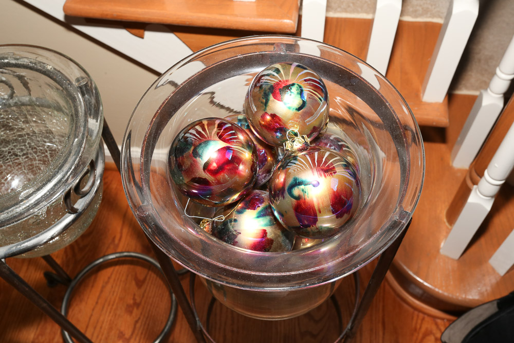 Metal Framed Glass Floor Planters with Christmas Bulb Ornaments