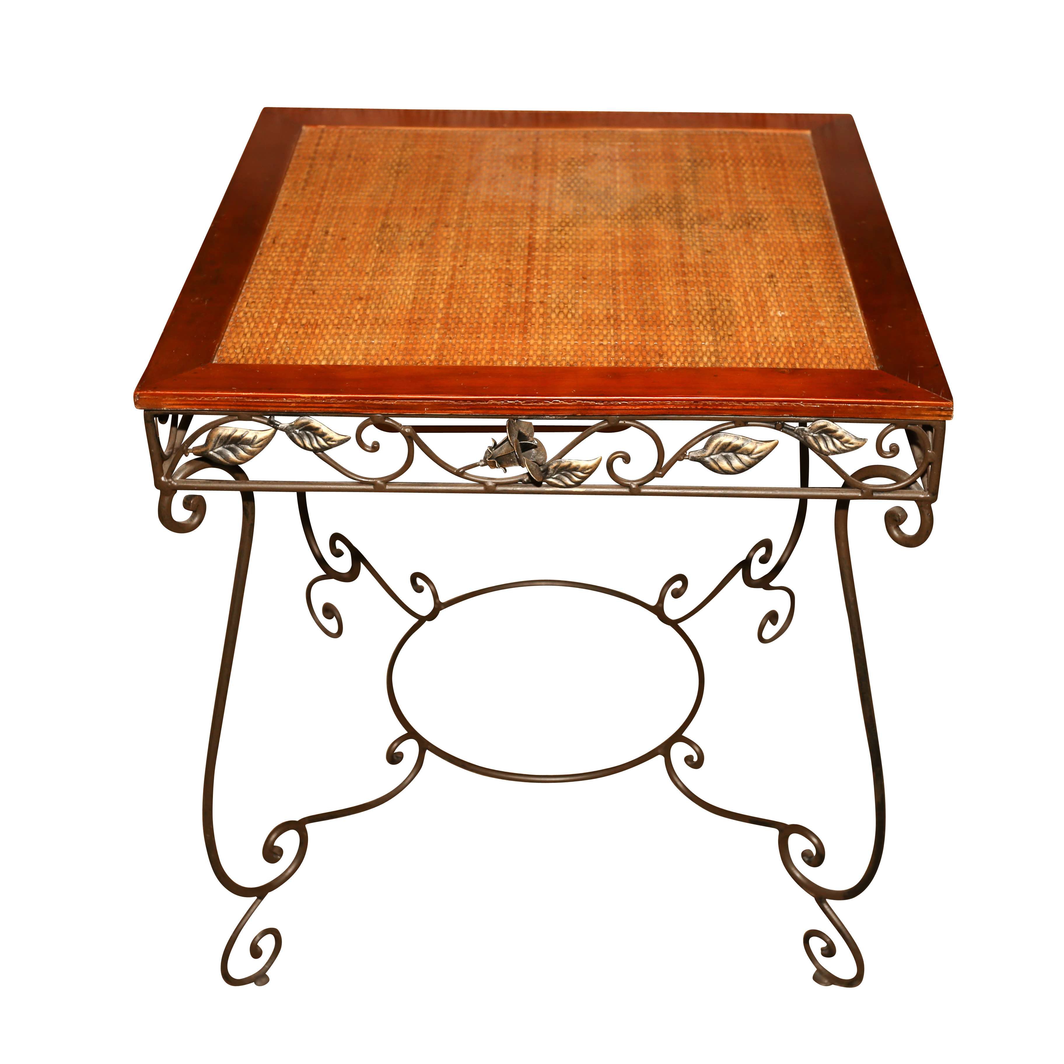 Contemporary Wooden and Metal Accent Table with Woven Top Panel