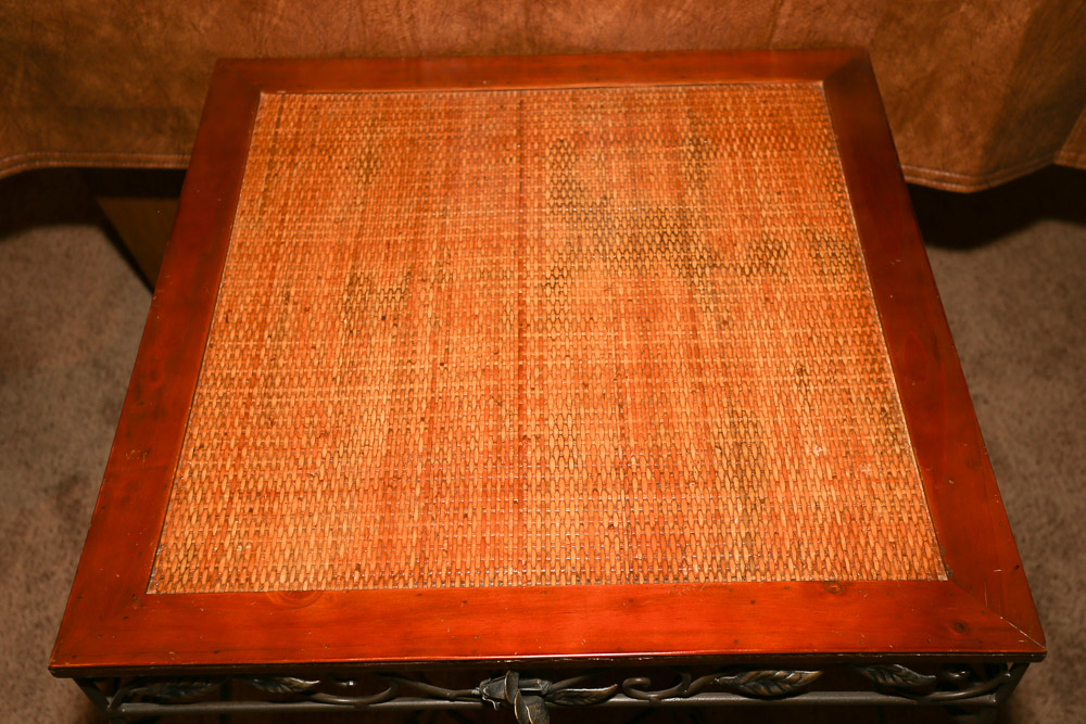 Contemporary Wooden and Metal Accent Table with Woven Top Panel