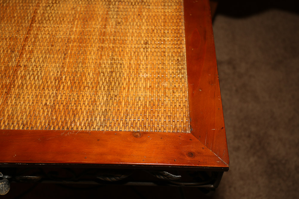 Contemporary Wooden and Metal Accent Table with Woven Top Panel