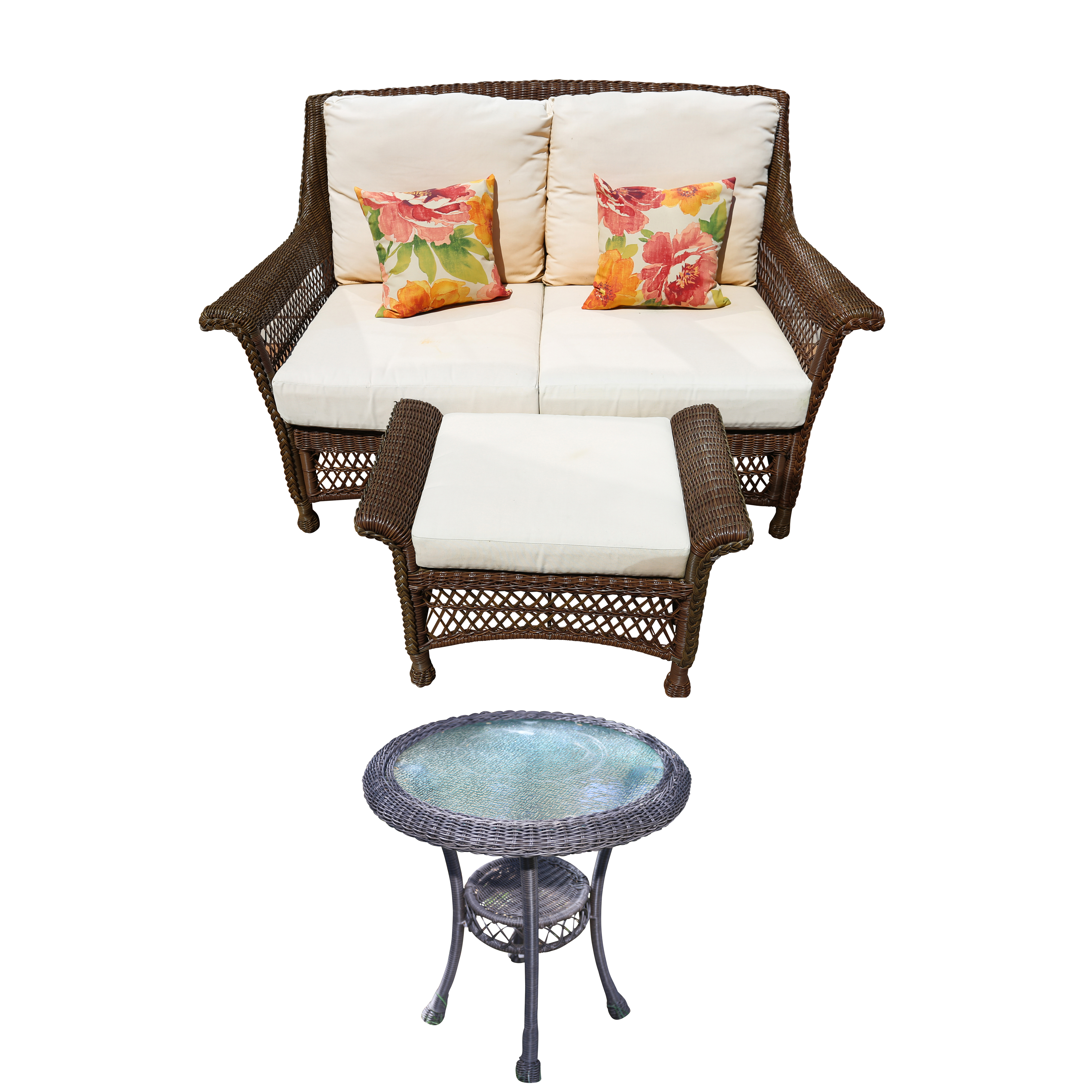 Resin Wicker Loveseat with Ottoman and Accent Table
