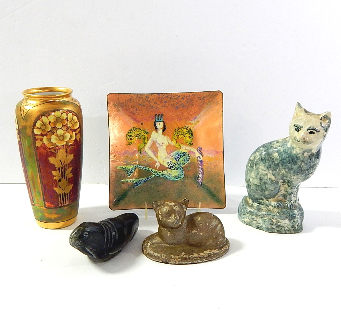 Home Decor with Cast Iron Cat, Enameled Plate, Vase, Ceramic Cat