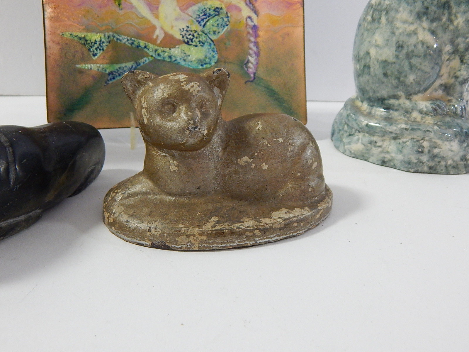 Home Decor with Cast Iron Cat, Enameled Plate, Vase, Ceramic Cat