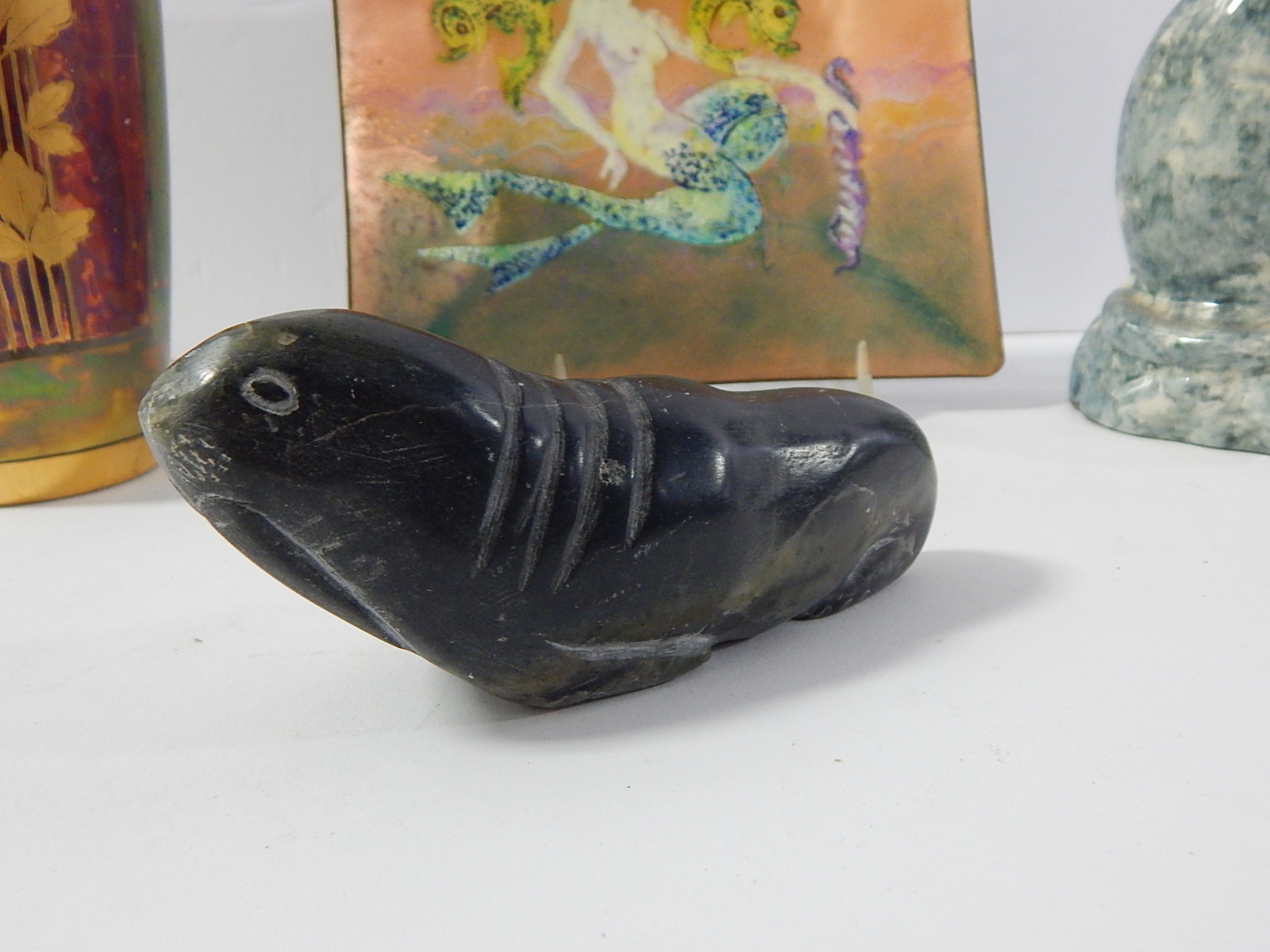 Home Decor with Cast Iron Cat, Enameled Plate, Vase, Ceramic Cat