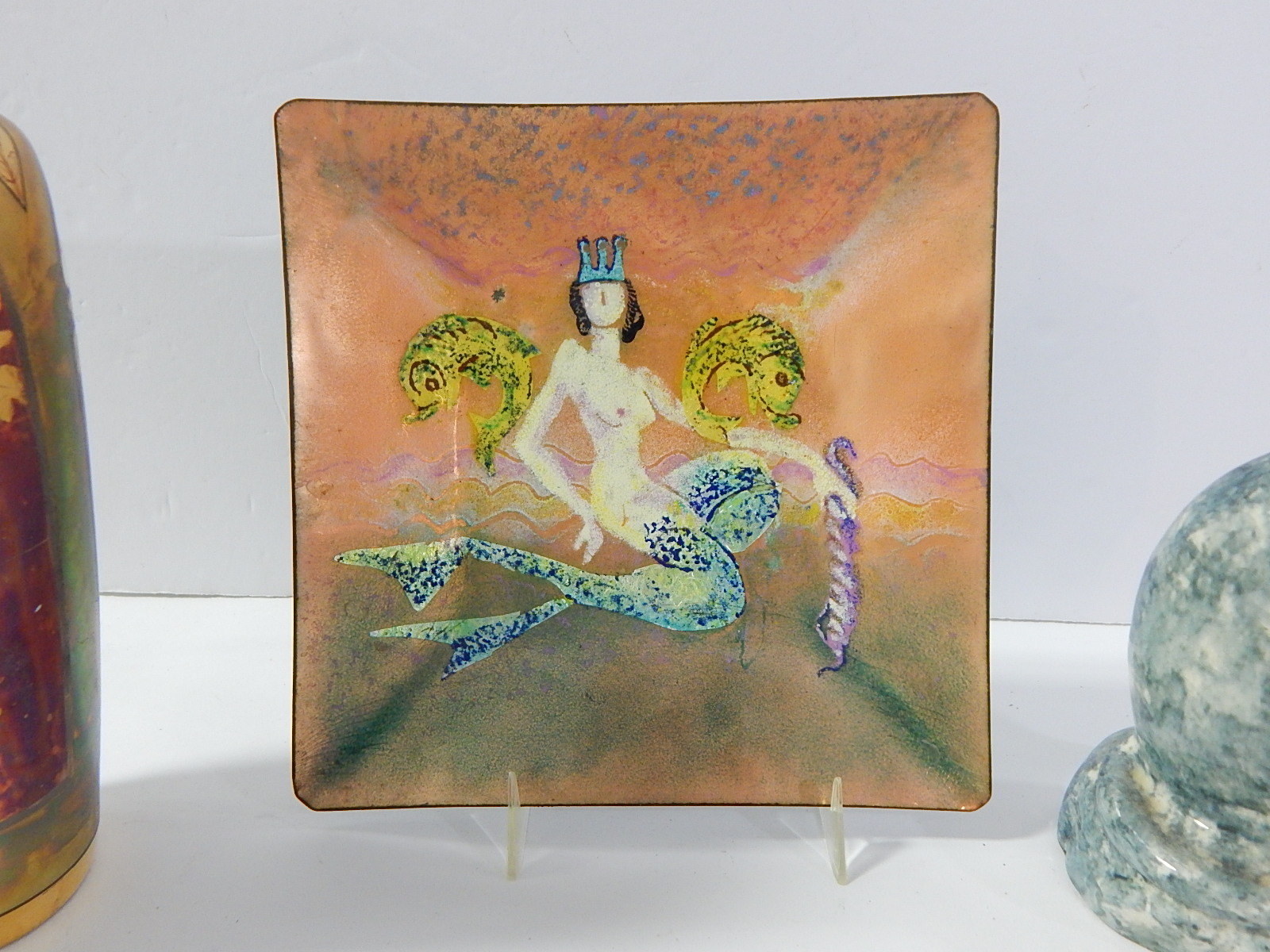 Home Decor with Cast Iron Cat, Enameled Plate, Vase, Ceramic Cat