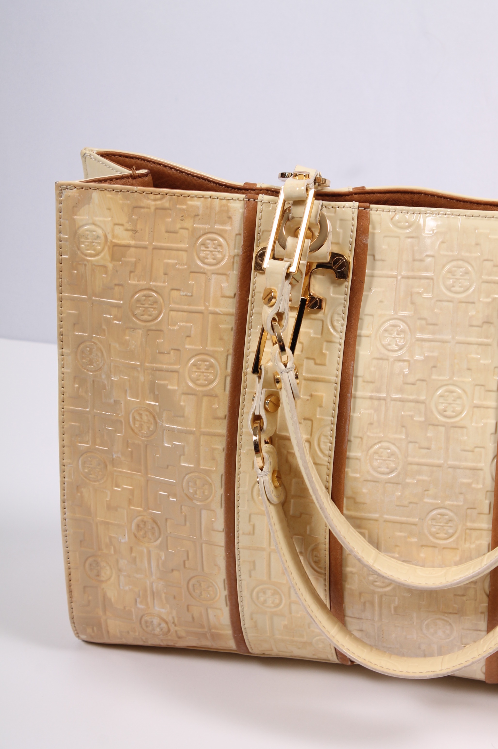 Tory Burch Cream Patent Leather Handbag Accented in Tan Leather