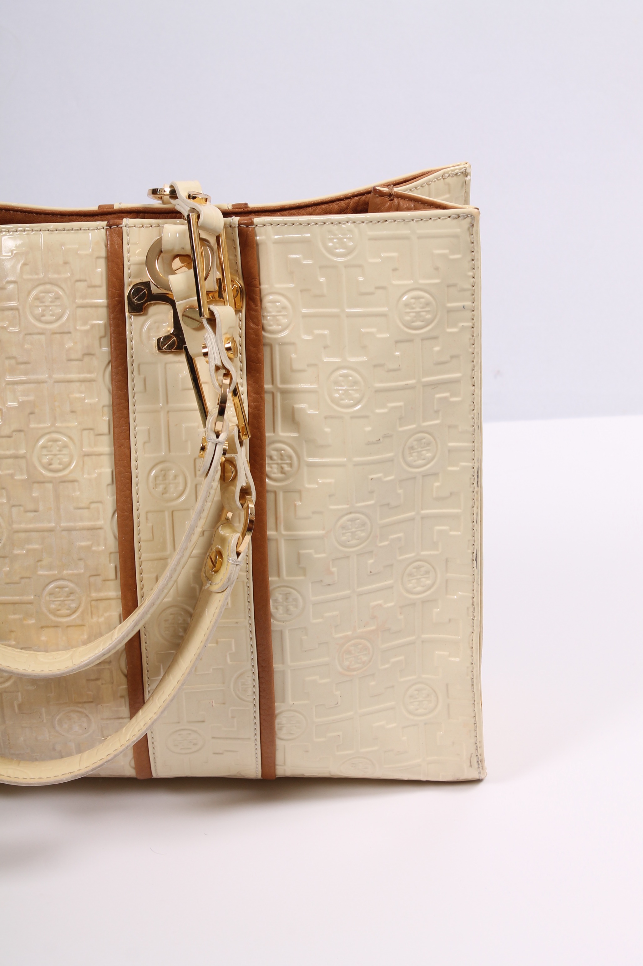 Tory Burch Cream Patent Leather Handbag Accented in Tan Leather