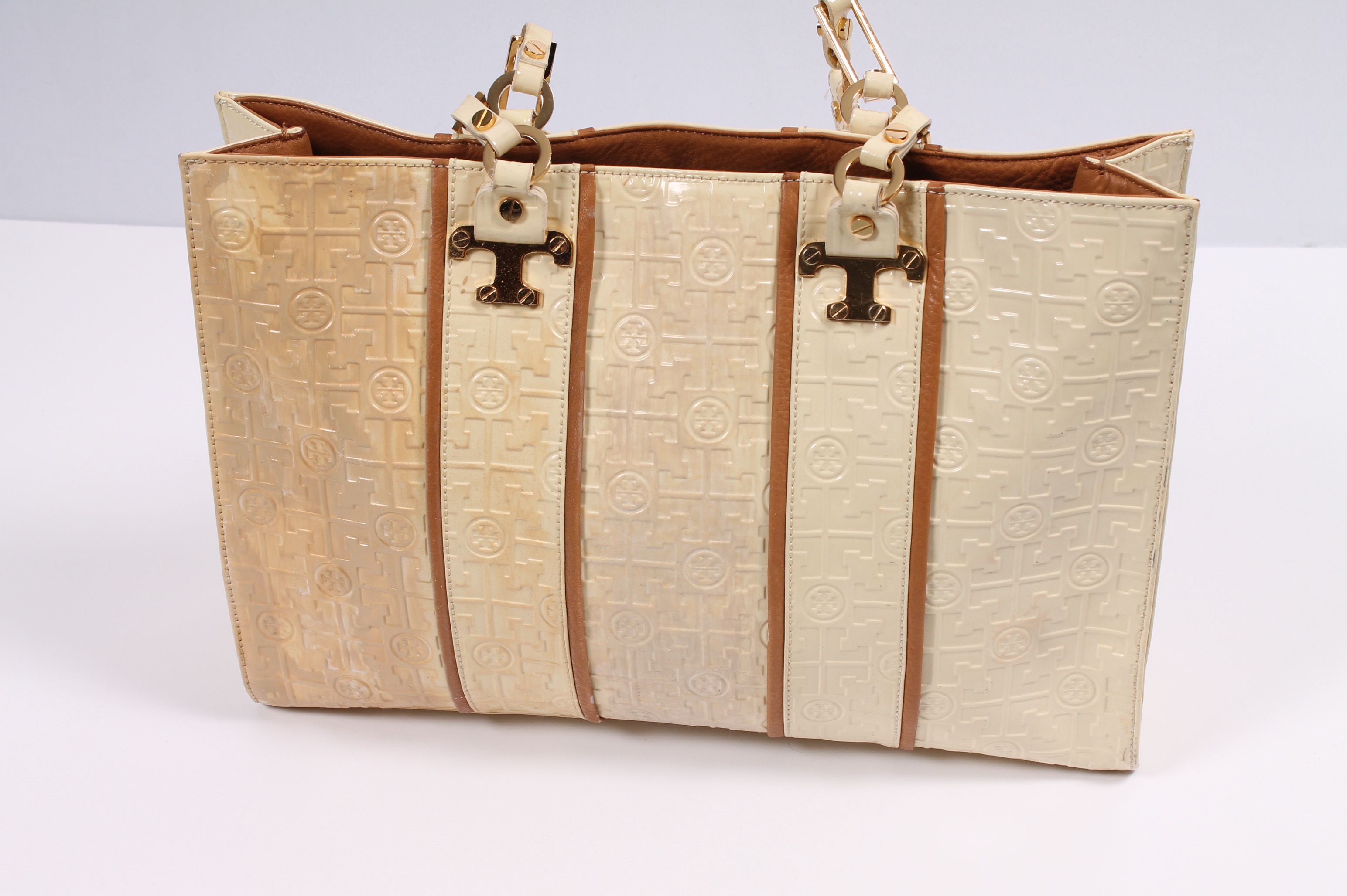 Tory Burch Cream Patent Leather Handbag Accented in Tan Leather