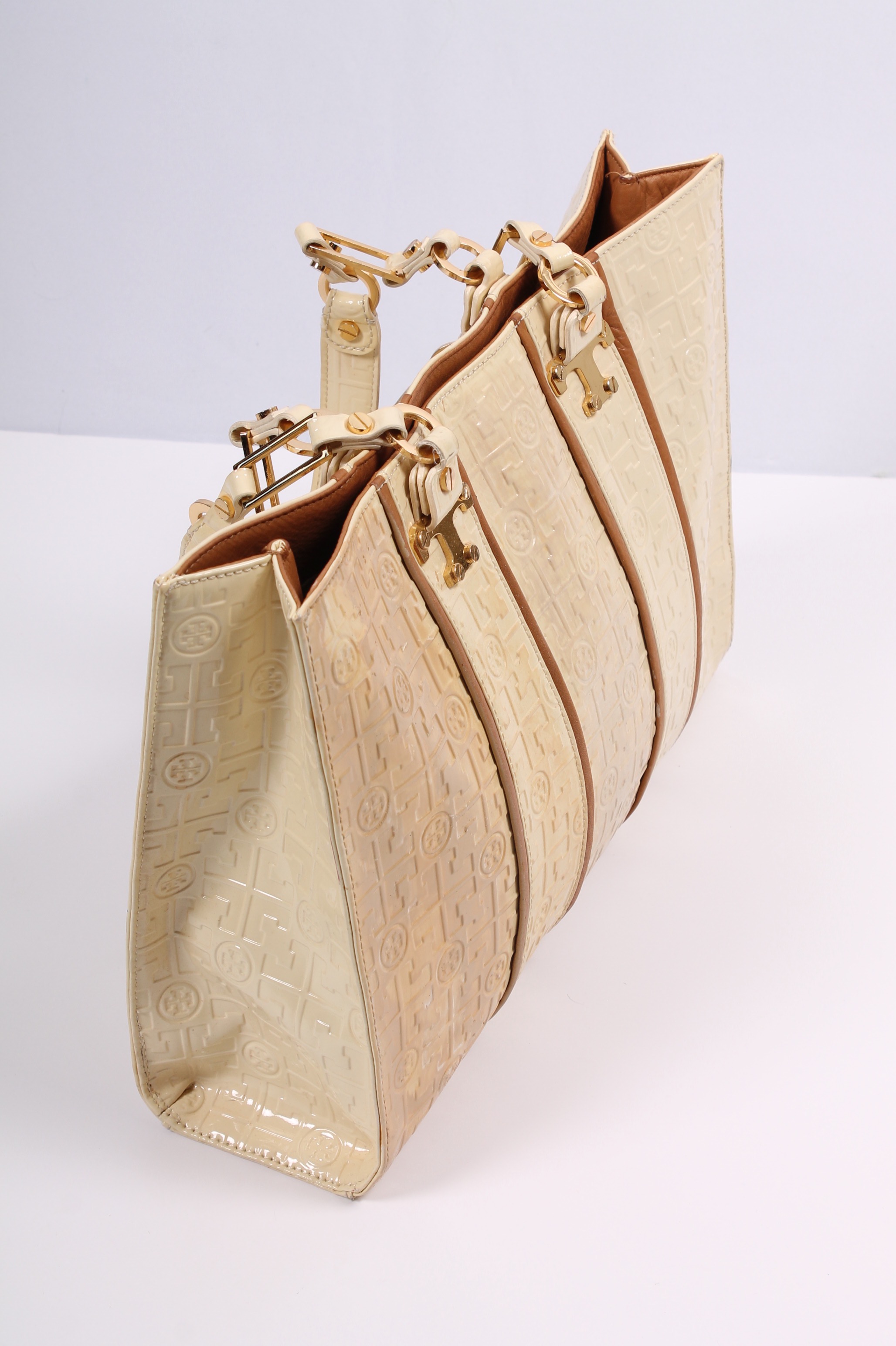 Tory Burch Cream Patent Leather Handbag Accented in Tan Leather